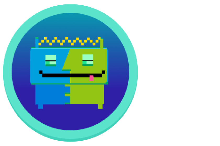 Imagen pixelada de un colorido personaje de dos tonos con una cara azul y verde, con una corona amarilla, mostrado sobre un fondo degradado circular.