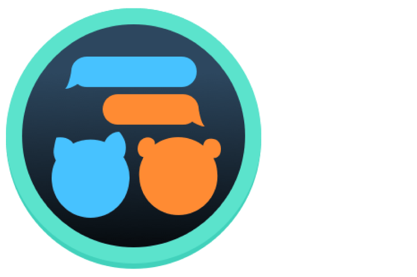 Un logotipo con un borde cian, que representa cabezas de animales azules y naranjas con bocadillos encima sobre un fondo circular oscuro.