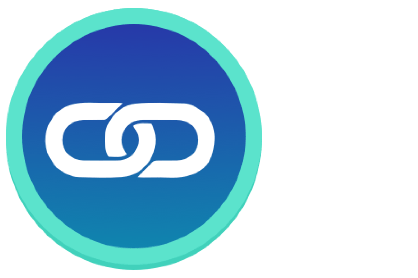 Un círculo azul con un ícono de eslabón de cadena interconectado blanco en el centro y un borde verde azulado claro.