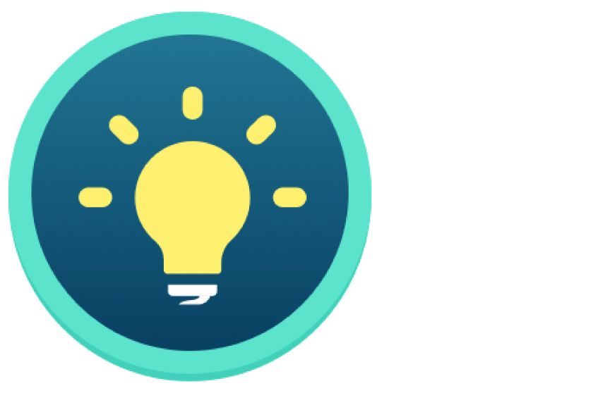 Un ícono redondo con un borde verde azulado y un centro azul oscuro, que muestra un símbolo de bombilla amarilla en el medio, con pequeños rayos amarillos alrededor de la bombilla.