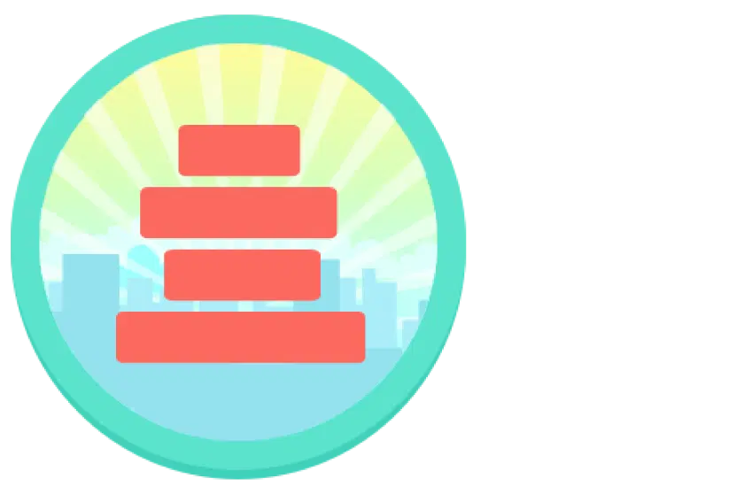 Ícono de un paisaje urbano estilizado con un borde circular verde, un amanecer al fondo y barras horizontales rojas en el centro.