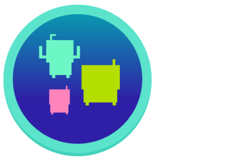 Una insignia circular con tres robots pixel art en rosa, verde y azul sobre un fondo degradado de azul a azul oscuro. La insignia tiene un borde azul claro.