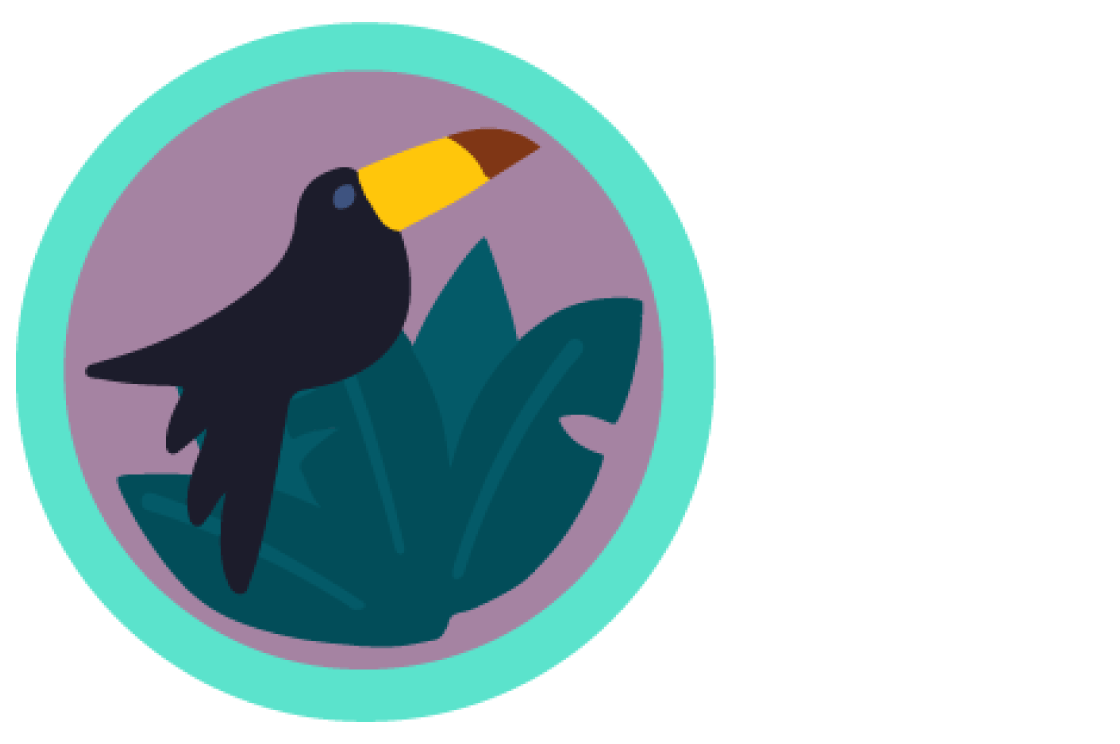 Ilustración de un tucán con pico amarillo y marrón posado sobre grandes hojas verdes dentro de un marco circular.