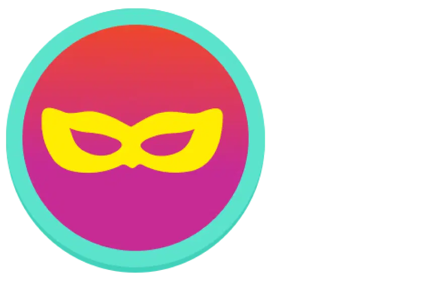 Una insignia circular con un fondo degradado de color rojo violeta, un borde verde azulado y un ícono de máscara de disfraces amarillo en el centro.