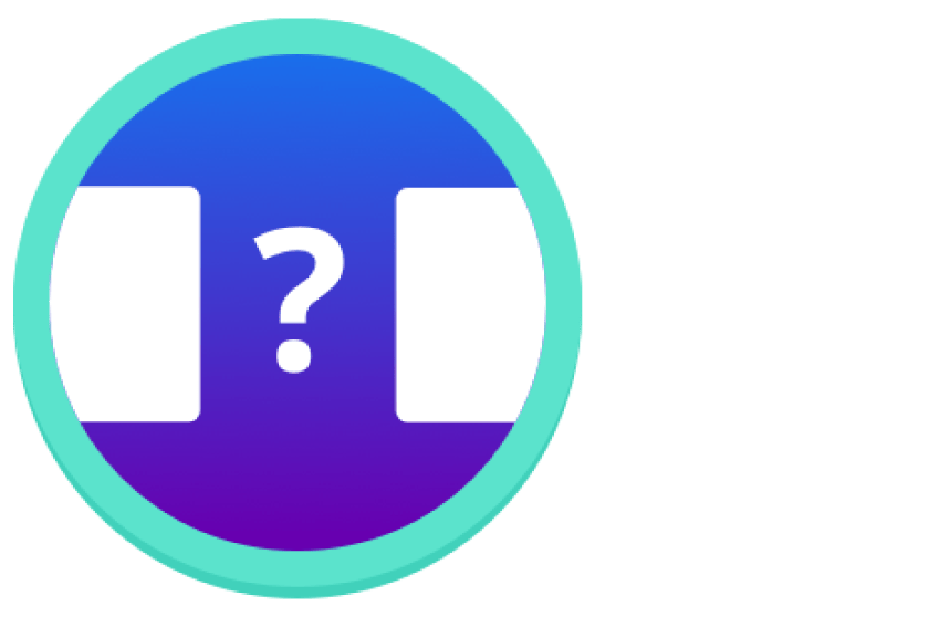 Un ícono circular azul y morado con un borde turquesa, que presenta un signo de interrogación blanco en el centro flanqueado por dos rectángulos blancos a los lados.
