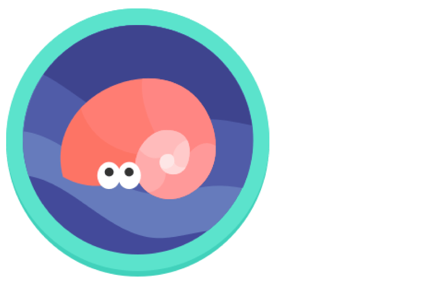 Ilustración de un caracol rosado con ojos blancos dentro de un círculo azul y verde. El fondo es de un azul más oscuro con ondas de un azul más claro.