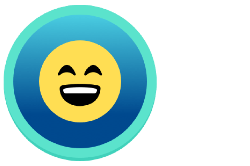Una carita sonriente circular de color amarillo con una amplia sonrisa y ojos cerrados está centrada en un anillo azul y turquesa. El fondo es blanco.
