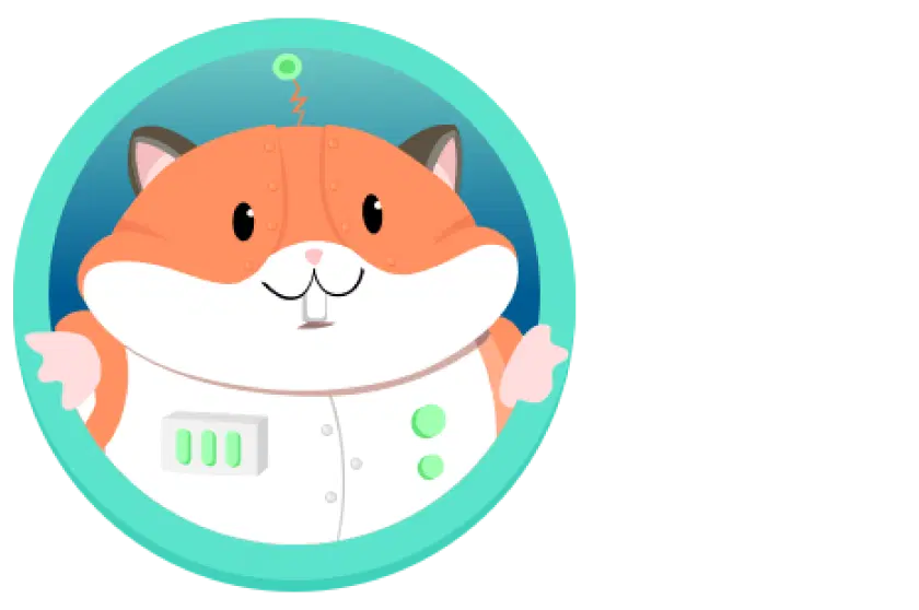 Ilustración de un hámster sonriente con una chaqueta blanca futurista con botones verdes y una pequeña antena en la cabeza, rodeada por un borde verde azulado.