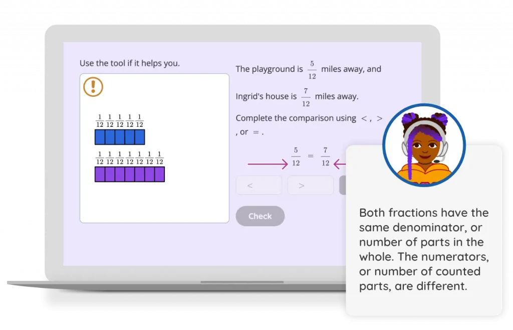 Una pantalla de computadora portátil que muestra un problema de matemáticas que compara fracciones con un personaje ilustrado que explica que ambas fracciones tienen el mismo denominador, pero diferentes numeradores.
