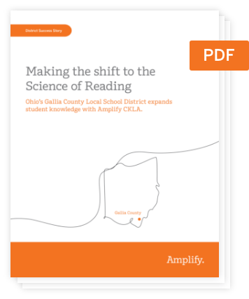 Cover page of a PDF titled "Making the shift to the Science of Reading," featuring an outline of Ohio and highlighting Gallia County; published by Amplify and grounded in the latest literacy research.