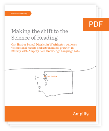 Cover of a PDF titled "Making the shift to the Science of Reading" by Amplify, featuring a hand-drawn map of Washington state with Oak Harbor marked. Orange banner labeled "PDF" at the top right corner.