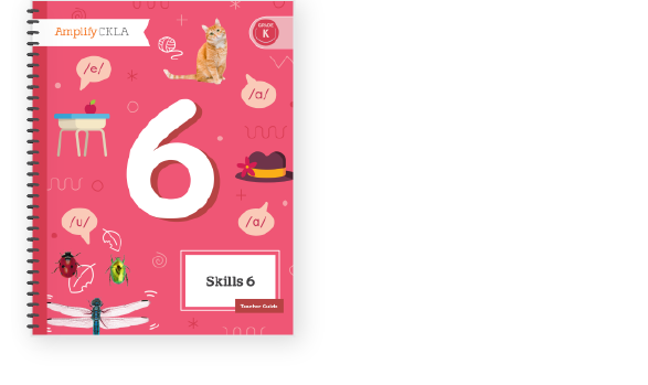 A kindergarten teacher guide titled "Skills 6" with illustrations of a cat, insects, a hat, and phonetic symbols on a pink background.