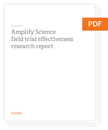 Portada de un documento PDF titulado "Informe de investigación sobre la eficacia de los ensayos de campo de Amplify Science".