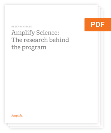 Portada de un documento titulado "Amplify Science: La investigación detrás del programa". La esquina superior derecha tiene una etiqueta naranja que dice "PDF".