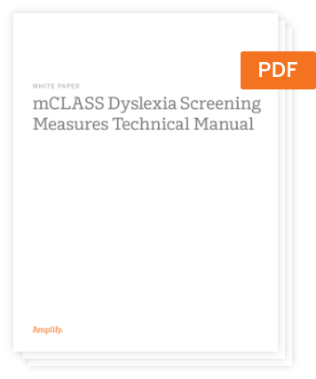 Cover page of a white paper titled "mCLASS Dyslexia Screening Measures Technical Manual," with a small orange "PDF" label at the top right corner.