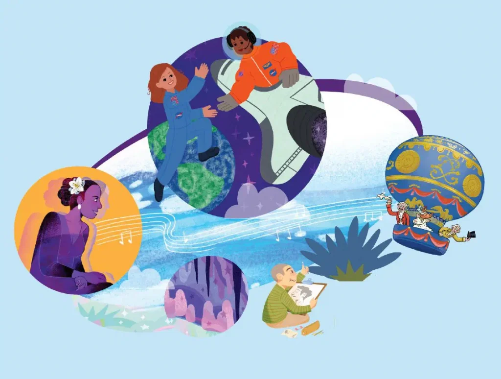 Illustration of diverse individuals engaged in various activities: a woman meditating, an astronaut pair in space, a person sketching outdoors, and a child reading from a science of reading curriculum under a tree