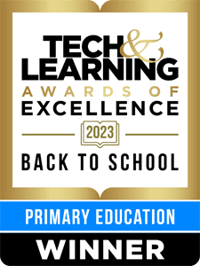 Insignia de premio con el texto "Premios de excelencia en tecnología y aprendizaje 2023, regreso a clases, ganador del plan de estudios de lectura personalizado K-5".