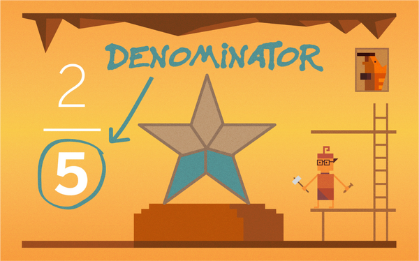 Una ilustración que muestra una fracción, 2/5, centrándose en el denominador 5 en un círculo, una estrella en el centro y un personaje con una herramienta en la parte inferior derecha de un andamio.