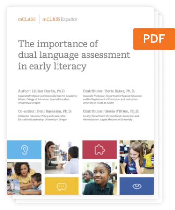A pdf document titled "dual language of mCLASS assessment" with author details and images of students and teachers on the cover.