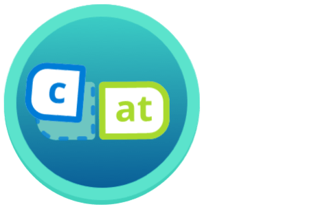 Una insignia circular con colores azul y verde. En el centro, el texto "gato" está dividido en "c" y "at" en las piezas del rompecabezas.