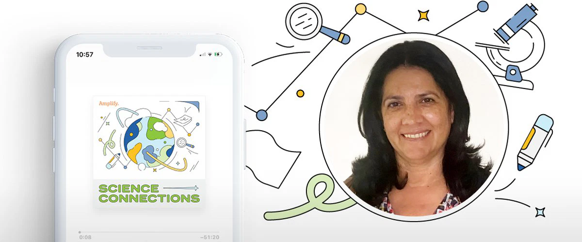 A tablet displaying a colorful "science connections" educational app, focused on growth mindset for kids, next to a cut-out image of a smiling middle-aged woman.