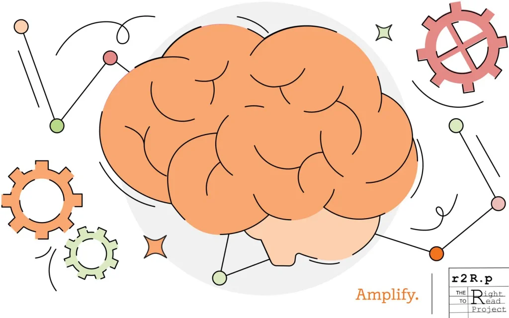 Illustration of a stylized brain surrounded by various colorful icons representing gears, atoms, and a ship's wheel, emphasizing the science of reading, with the word "amplify" underneath.