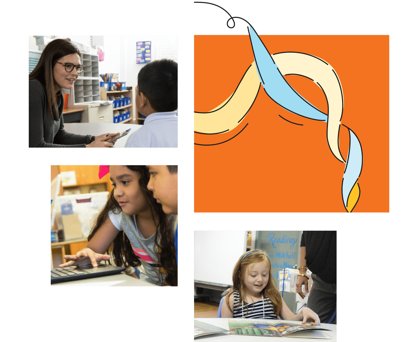 Collage de tres imágenes: la parte superior izquierda muestra a un maestro y dos estudiantes en un escritorio en una sala de alfabetización temprana, la parte superior derecha muestra una ilustración estilizada de cabello rubio, la parte inferior muestra a una mujer leyendo