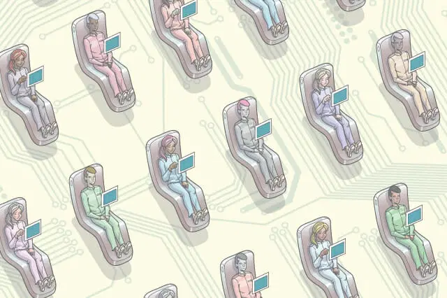 Ilustración de personas sentadas usando computadoras portátiles, dispuestas en un patrón repetitivo con líneas de fondo similares a circuitos que las conectan.
