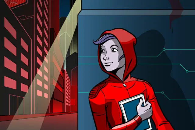 Una persona que lleva una sudadera con capucha roja sostiene un libro mientras está parada contra una pared en una ciudad futurista con edificios altos y ventanas iluminadas.