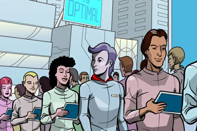 Un grupo personas, vestidas con atuendos futuristas, se encuentran en un entorno urbano moderno mientras usan tabletas. Un cartel al fondo dice "ÓPTIMO.