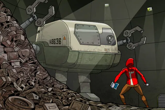 Una persona con una chaqueta roja se encuentra frente a un gran robot con brazos mecánicos, rodeado de montones de escombros y piezas de maquinaria, bajo rayos de luz enfocados.