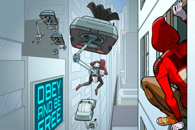 Dibujo de una figura encapuchada trepando a un edificio con drones persiguiéndolos. Un letrero de neón en el edificio dice "OBEDEZCA Y SEA LIBRE". Otra figura encapuchada observa desde un lado. Entorno urbano con edificios altos.