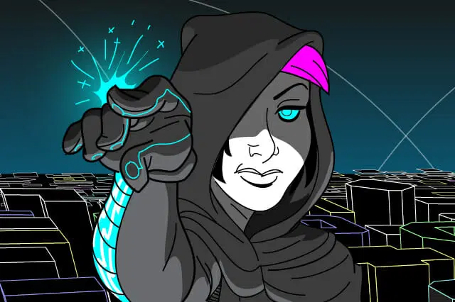 Una figura futurista con una capa con capucha, un brazo mecánico brillante y cabello rosa brillante extiende una mano que emite una energía azul. El fondo presenta un paisaje urbano digital con edificios en forma de cuadrícula.