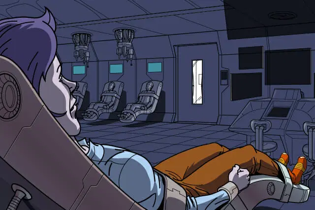 Una persona con cabello morado se reclina en una silla futurista dentro de una habitación con poca luz, con más sillas y monitores visibles al fondo.