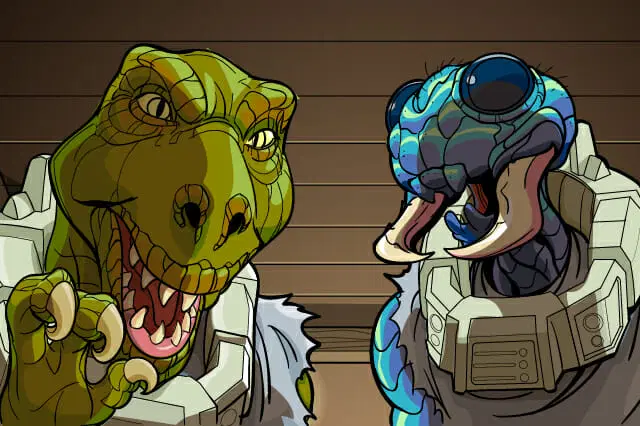 Una caricatura de un dinosaurio verde parlante y una criatura reptil azul, ambos con armadura futurista, sobre un fondo de tablas de madera.