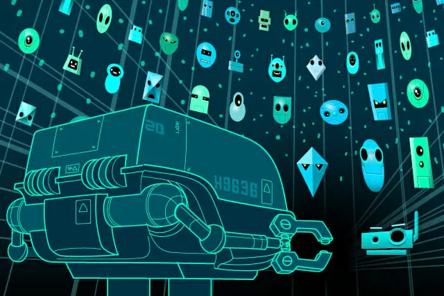 Una ilustración de un robot con brazos en forma de garra y varias caras y formas de robot flotante en el fondo, lo que sugiere un entorno digital o virtual.