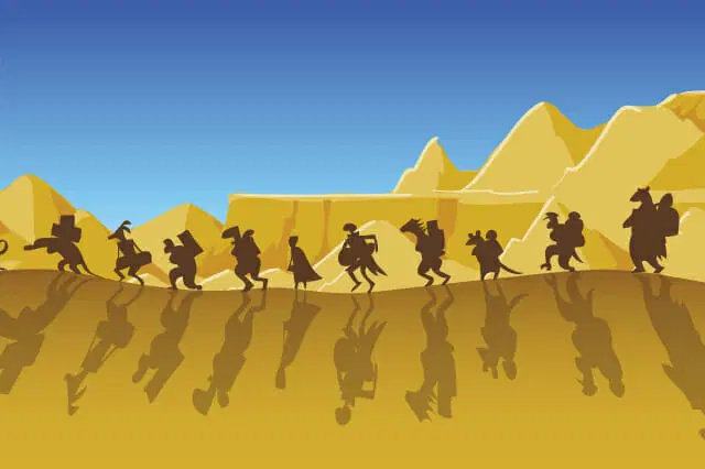 Siluetas de un grupo de nueve personas y un animal caminando por un desierto con montañas al fondo, proyectando largas sombras sobre la arena.