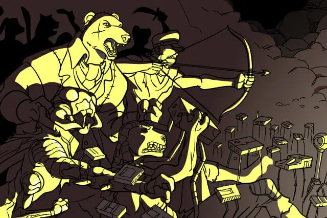 Ilustración de animales antropomórficos con extremidades robóticas y armas, liderando una ofensiva en un contexto de fábricas y humo.