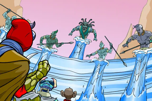 Un personaje con armadura roja se enfrenta a figuras humanoides que emergen de las olas del agua, empuñando lanzas. Otras figuras con armadura y una pequeña criatura están a su lado, contra un cielo rosa y un fondo rocoso.