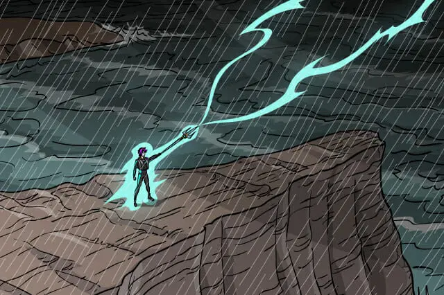 Una persona con cabello morado se encuentra en un acantilado durante una tormenta, sosteniendo un bastón que emite rayos al cielo.