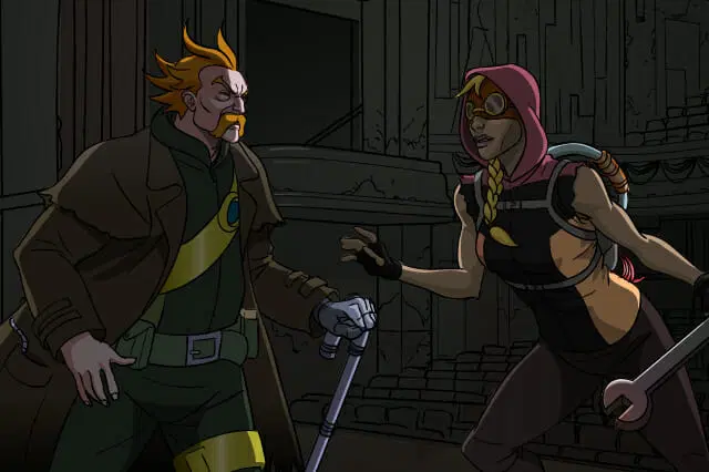 Dos personajes animados, un hombre con traje verde y abrigo marrón con bastón, y una mujer con capucha y gafas protectoras, mantienen una tensa conversación en una sala oscura y vacía.