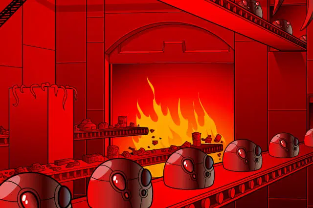 Una fila de cascos metálicos yace sobre una cinta transportadora en una instalación industrial iluminada en rojo, con un gran incendio ardiendo al fondo.