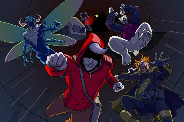 Un grupo personajes parecidos a superhéroes, incluida una persona con una chaqueta con capucha roja, parecen estar en acción y se dirigen hacia el espectador. El fondo es una estructura circular en forma de túnel.