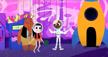 Animated characters from "Summer Camp Island" standing in a colorful room with quirky decorations and a rocket ship door, focused on learning to read.