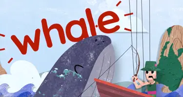 Animated image of a man in a boat, startled by a large whale surfacing from the ocean, with the phrase "learning to read" written in large red letters.