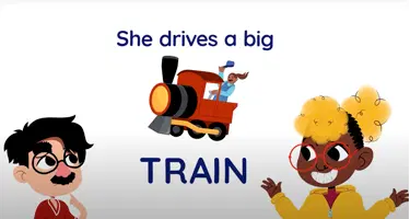 Illustration showing text "she drives a big train" with a woman driving a red train, a man with glasses, and a smiling girl with yellow hair and red glasses learning to read.