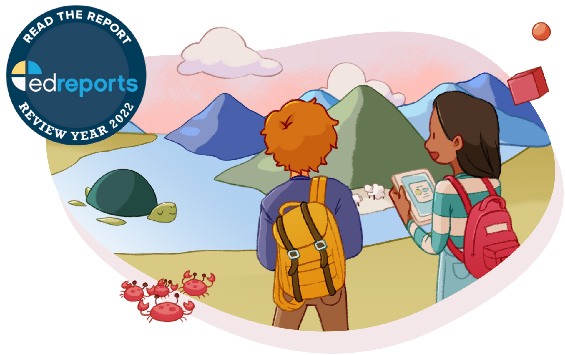 Illustration of two hikers with backpacks, one reading a map, in a scenic mountain landscape, enhanced by "Desmos math - review year 2022" badge.