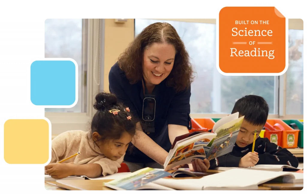 A teacher helps two children read at a table. The words "Built on the Science of Reading" are displayed in the top right corner.