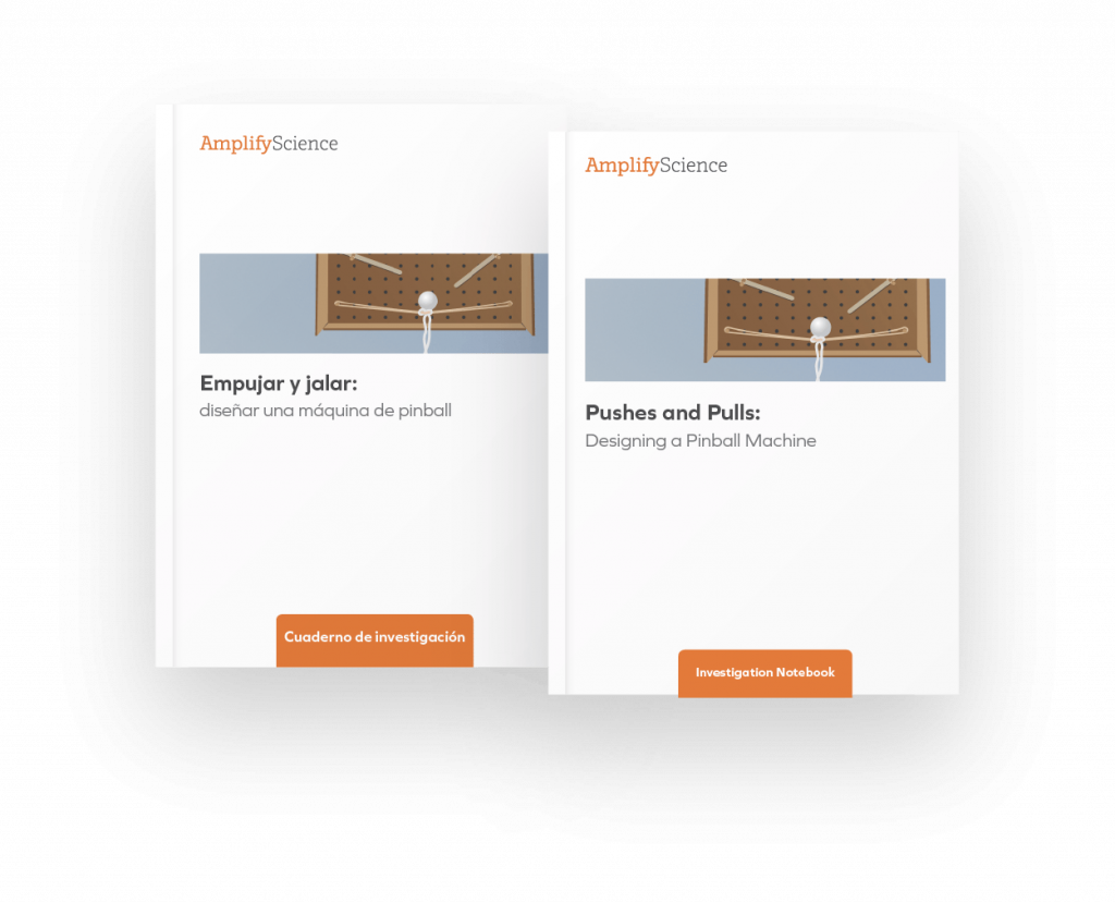 Two science books titled “Pushes and Pulls: Designing a Pinball Machine” and “Pushes and Pulls: Designing a Pinball Machine” displayed side by side.