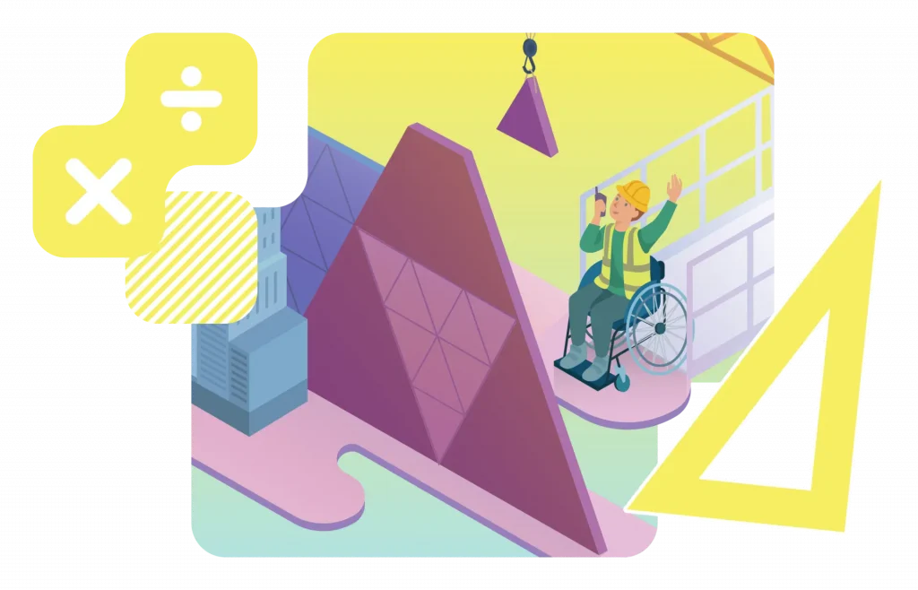 Person wearing a construction hat and safety vest in a wheelchair, discussing with a phone and controlling the placement of a large triangular piece in a construction setting, with math symbols around.